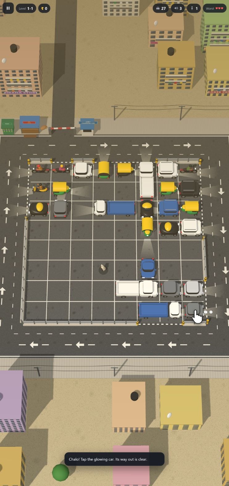Car Park Rush gameplay with the level counter and rupee earnings